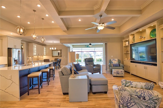 35 Medalist Rd, Rotonda West, FL 33947 - living room with light wood-style flooring, a ceiling fan, ornamental molding, recessed lighting, and coffered ceiling
