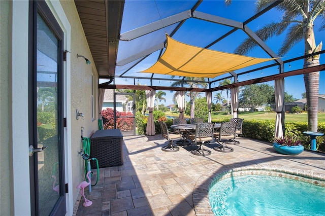 35 Medalist Rd, Rotonda West, FL 33947 - outdoor pool featuring a patio, outdoor dining area, and glass enclosure
