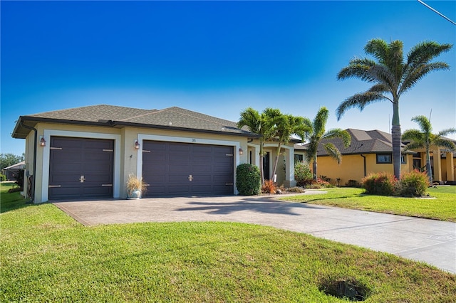 35 Medalist Rd, Rotonda West, FL 33947 - ranch-style house featuring a garage, driveway, stucco siding, and a front yard