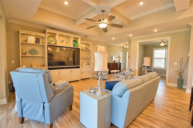 35 Medalist Rd, Rotonda West, FL 33947 - living area featuring ceiling fan, coffered ceiling, crown molding, light wood finished floors, and beam ceiling