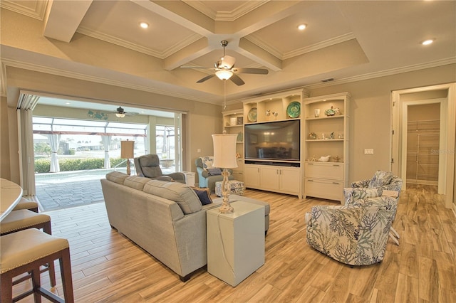35 Medalist Rd, Rotonda West, FL 33947 - living area with a ceiling fan, coffered ceiling, light wood-style flooring, ornamental molding, and beamed ceiling