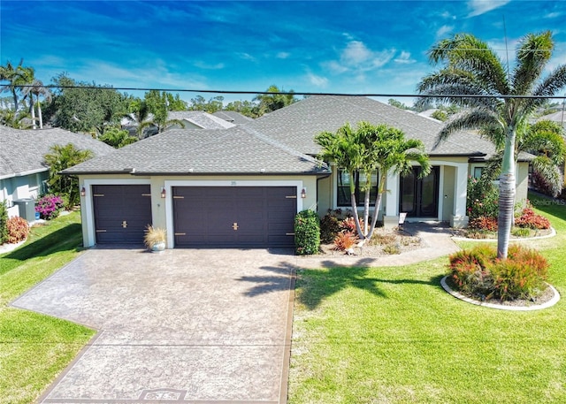 35 Medalist Rd, Rotonda West, FL 33947 - ranch-style house featuring stucco siding, a garage, a front yard, driveway, and a shingled roof
