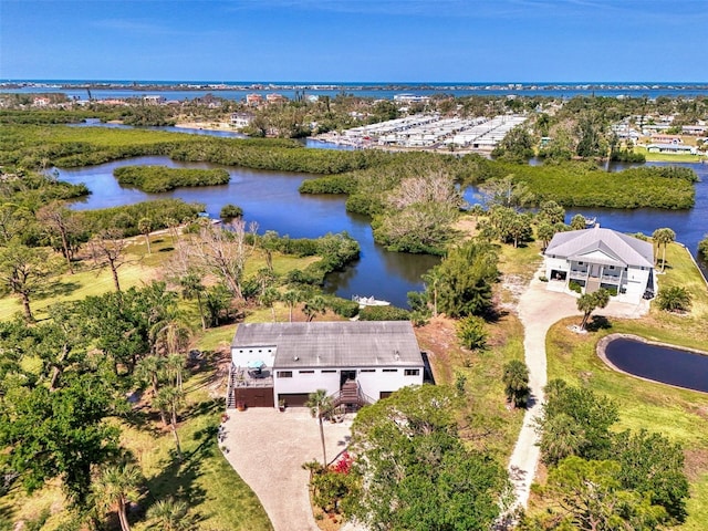 bird's eye view with a water view