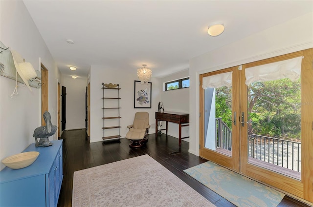 doorway with dark wood finished floors and french doors