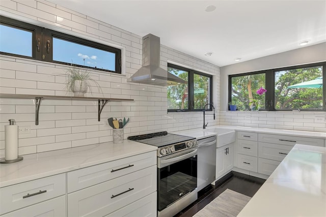 kitchen featuring wall chimney exhaust hood, white cabinetry, a sink, backsplash, and stainless steel appliances