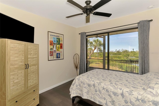 bedroom with a ceiling fan, baseboards, access to exterior, and dark wood-type flooring