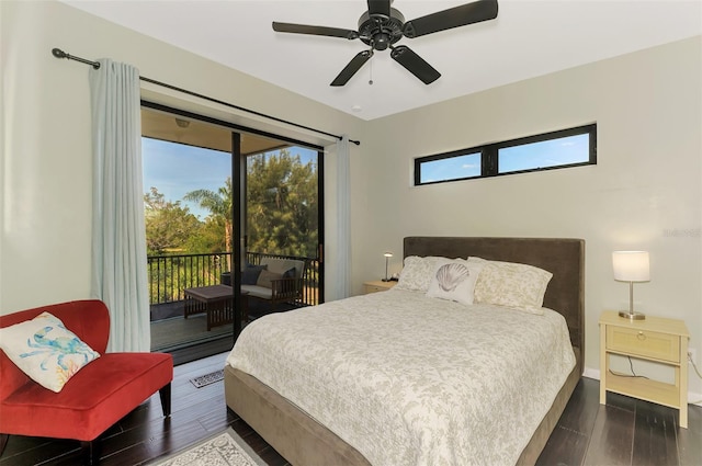 bedroom featuring baseboards, a ceiling fan, dark wood finished floors, and access to exterior