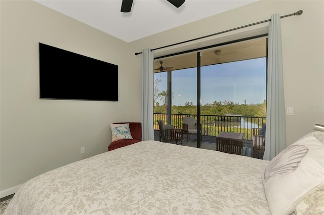 bedroom with ceiling fan and access to exterior