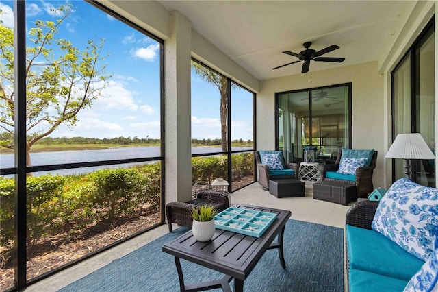 10805 Tarflower Dr Unit 101, Venice, FL 34293 - sunroom / solarium with a water view, ceiling fan, and an outdoor hangout area