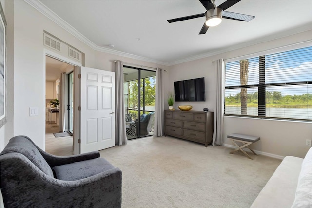 10805 Tarflower Dr Unit 101, Venice, FL 34293 - bedroom with access to exterior, crown molding, carpet floors, ceiling fan, and baseboards