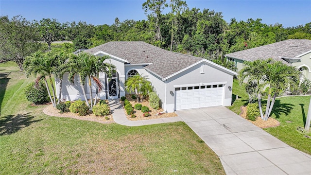 4004 Landor Ct, Venice, FL 34293 - ranch-style house featuring a garage, driveway, a front yard, and stucco siding