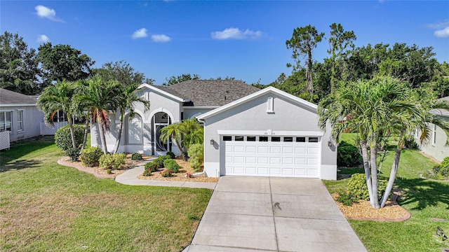 4004 Landor Ct, Venice, FL 34293 - ranch-style home with stucco siding, an attached garage, driveway, and a front lawn