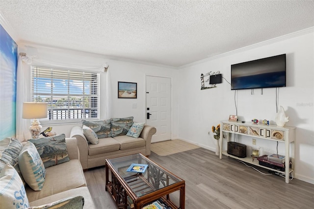 1531 Placida Rd Unit 201, Englewood, FL 34223 - living room with ornamental molding, wood finished floors, and a textured ceiling