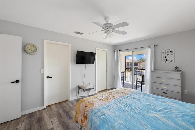 1531 Placida Rd Unit 201, Englewood, FL 34223 - bedroom featuring a ceiling fan, wood finished floors, baseboards, access to exterior, and visible vents