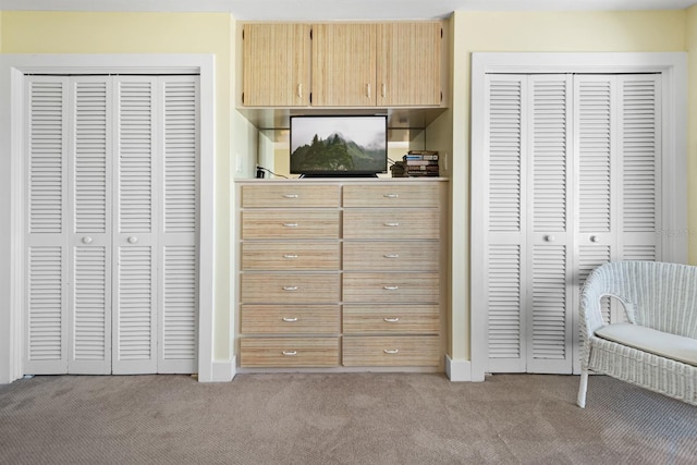bedroom with two closets, light carpet, and baseboards