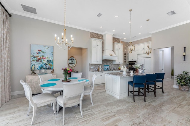 dining room with a chandelier, recessed lighting, baseboards, and crown molding