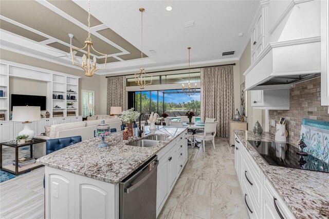 kitchen with a sink, a chandelier, stainless steel dishwasher, custom exhaust hood, and black electric cooktop