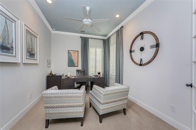office with ceiling fan, carpet, baseboards, ornamental molding, and recessed lighting