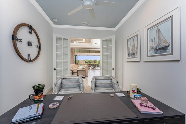 office featuring french doors, crown molding, and a ceiling fan