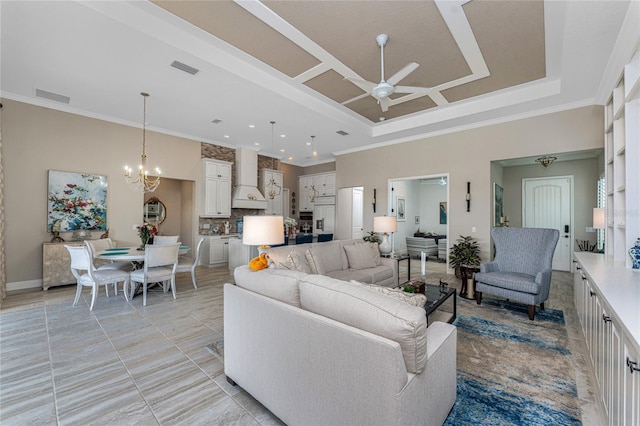 257 Corelli Dr, Nokomis, FL 34275 - living area with ceiling fan, ornamental molding, light tile patterned floors, a chandelier, and recessed lighting