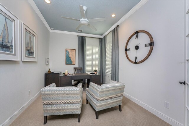 257 Corelli Dr, Nokomis, FL 34275 - sitting room featuring ceiling fan, carpet, baseboards, ornamental molding, and recessed lighting