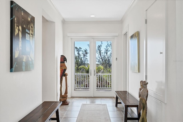 6890 Palm Island Dr, Placida, FL 33946 - doorway to outside featuring tile patterned floors, french doors, and crown molding
