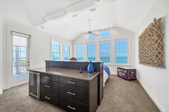 6890 Palm Island Dr, Placida, FL 33946 - bedroom featuring lofted ceiling, carpet floors, and beverage cooler