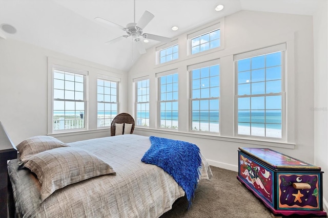 6890 Palm Island Dr, Placida, FL 33946 - carpeted bedroom with ceiling fan, recessed lighting, vaulted ceiling, and baseboards