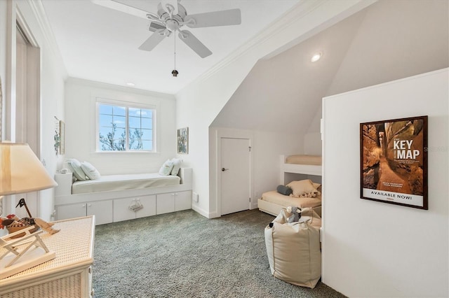 6890 Palm Island Dr, Placida, FL 33946 - bedroom featuring crown molding, baseboards, recessed lighting, carpet, and a ceiling fan