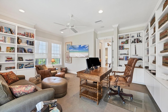 6890 Palm Island Dr, Placida, FL 33946 - office area with carpet, ornamental molding, ceiling fan, baseboards, and visible vents