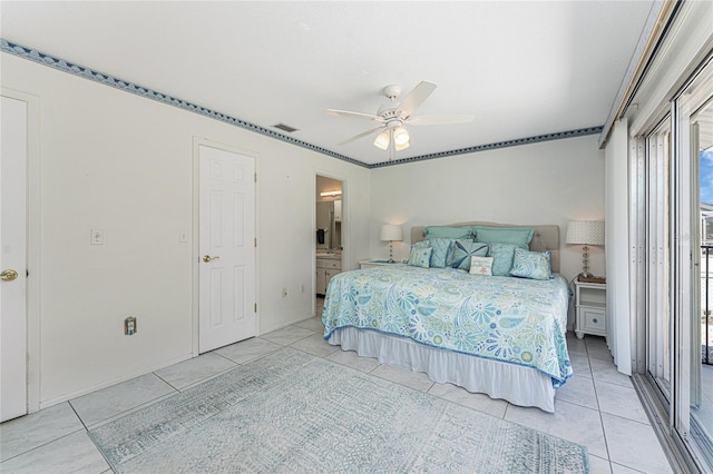 bedroom with light tile patterned floors, a ceiling fan, connected bathroom, and visible vents