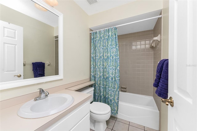 full bath with visible vents, tile patterned flooring, vanity, toilet, and shower / bathtub combination with curtain
