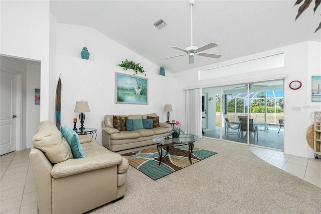162 Fairway Rd, Rotonda West, FL 33947 - living room featuring a ceiling fan, visible vents, vaulted ceiling, a sunroom, and light tile patterned floors