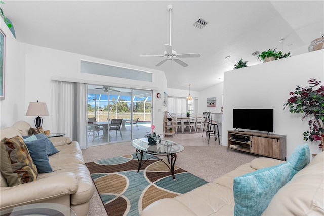 162 Fairway Rd, Rotonda West, FL 33947 - living area with visible vents, carpet, ceiling fan, and high vaulted ceiling