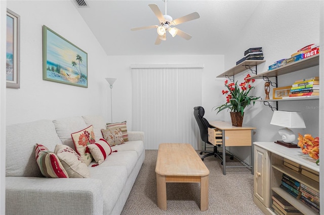 162 Fairway Rd, Rotonda West, FL 33947 - office space featuring a ceiling fan, light colored carpet, lofted ceiling, and visible vents