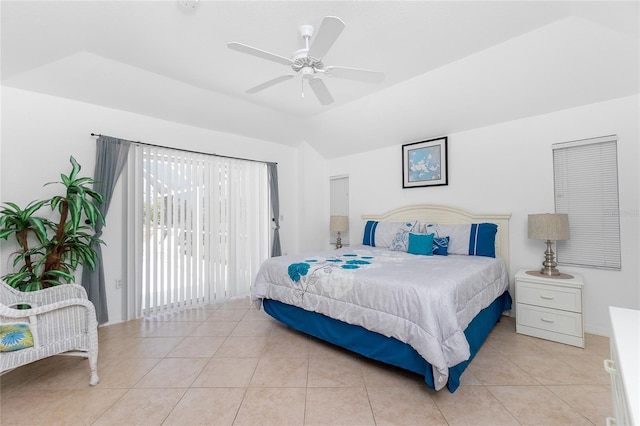 162 Fairway Rd, Rotonda West, FL 33947 - bedroom with tile patterned flooring, access to exterior, ceiling fan, and lofted ceiling