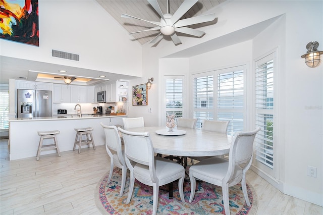 7548 Palm Island Dr S Unit 1724, Placida, FL 33946 - dining room with visible vents, light wood-style floors, ceiling fan, and high vaulted ceiling