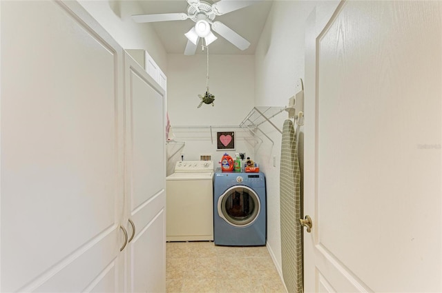 laundry room with a ceiling fan, laundry area, washing machine and dryer, and light tile patterned flooring