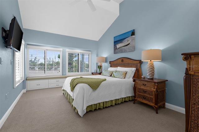 2950 N Beach Rd Unit B324, Englewood, FL 34223 - bedroom featuring baseboards, ceiling fan, lofted ceiling, and light carpet