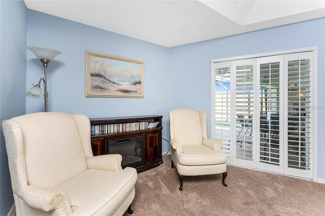 living area featuring carpet