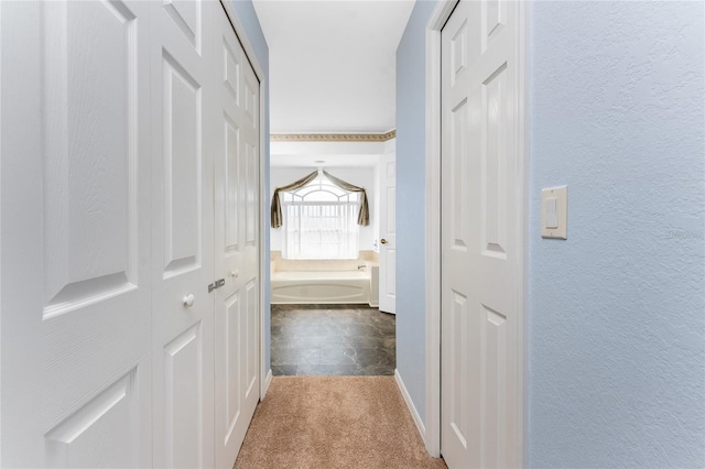 hallway with carpet flooring and a textured wall