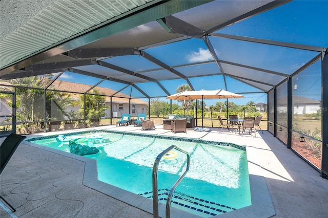 pool with glass enclosure, a patio, an outdoor living space, and outdoor dining area