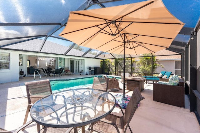 pool featuring outdoor lounge area, a lanai, outdoor dining space, and a patio area