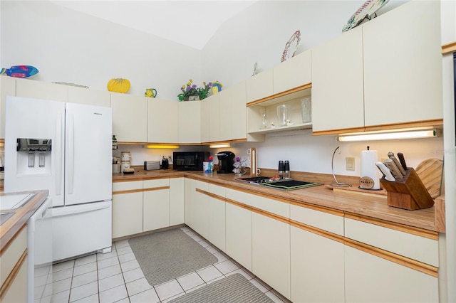 kitchen featuring light countertops, high vaulted ceiling, light tile patterned flooring, and white appliances