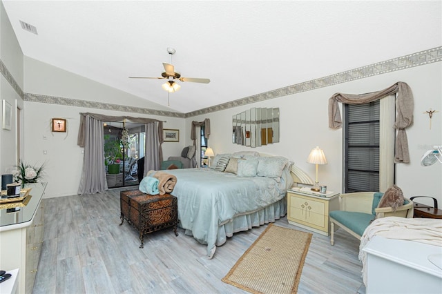 bedroom with access to outside, light wood-style floors, a ceiling fan, lofted ceiling, and visible vents