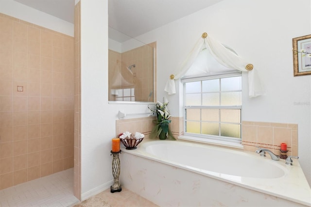 full bath with a walk in shower and a bath