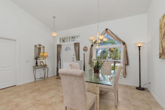 dining area featuring baseboards, an inviting chandelier, light tile patterned floors, and a high ceiling