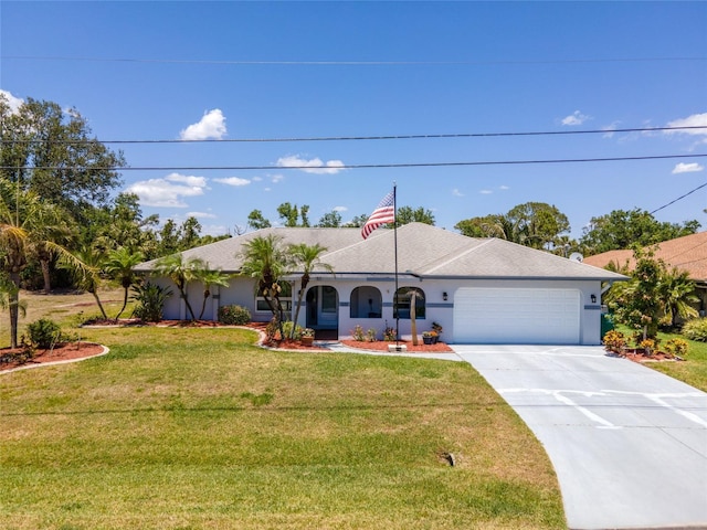 single story home featuring a front lawn, stucco siding, driveway, and a garage