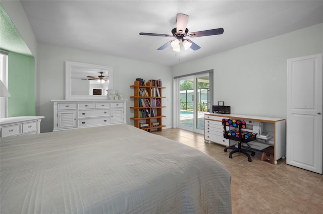 bedroom with ceiling fan, access to outside, and light tile patterned floors