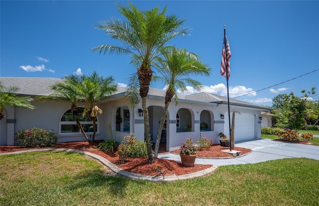 view of front of house with concrete driveway, stucco siding, a front lawn, and an attached garage